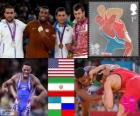 Erkekler Serbest stil 74 kg podyum, Ernest Jordan Burroughs (ABD), Sadegh Goudarzi (Iran), Soslan Tigiyev (Özbekistan) ve Denis Tsargush (Russia), Londra 2012